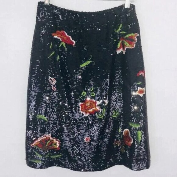 Anthropologie Skirt 2 Black Sequin A-Line Floral Sparkly Cocktail Knee Length - Picture 2 of 6